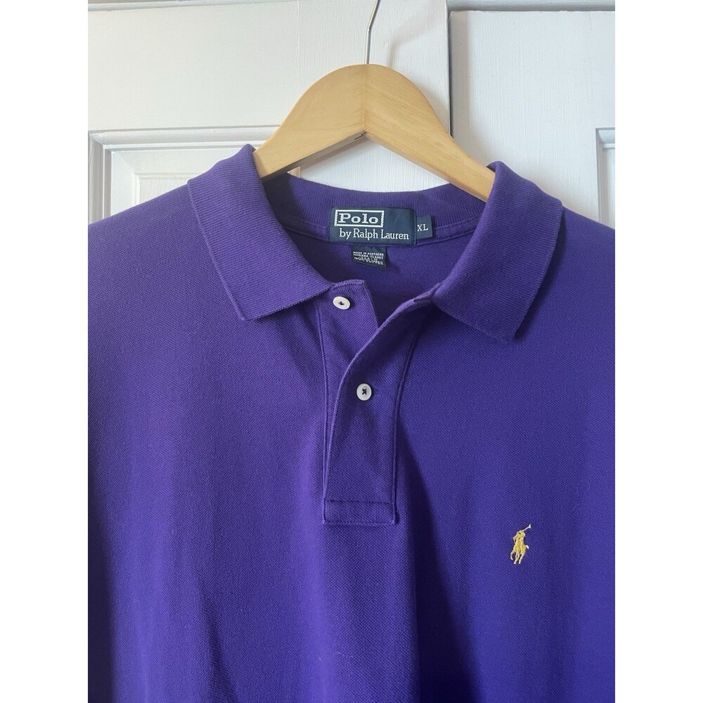90s Polo Ralph Lauren Pique Polo Shirt Purple Yellow Pony Men's XL USA Vintage